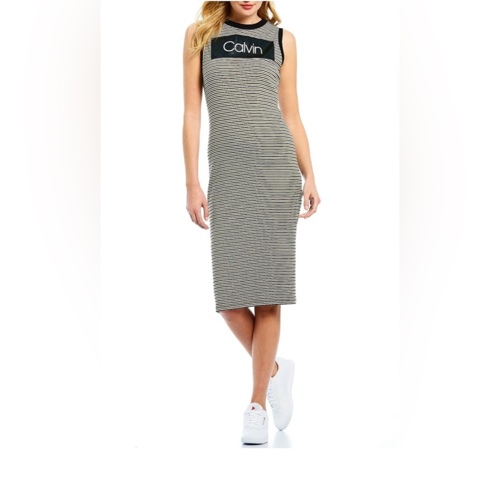 CALVIN KLEIN Black And White Stripped Crow Neck Sleeveless Midi Dress Size M
